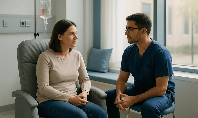 Doctor consulting with a female patient in a hospital room.
