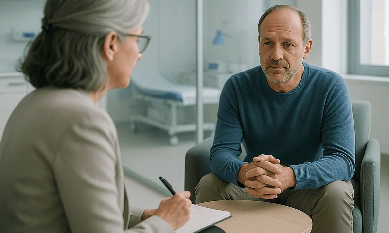 Doctor consulting with middle-aged male patient in hospital setting.