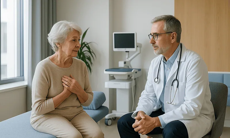 Doctor consulting with elderly woman in a medical office setting.