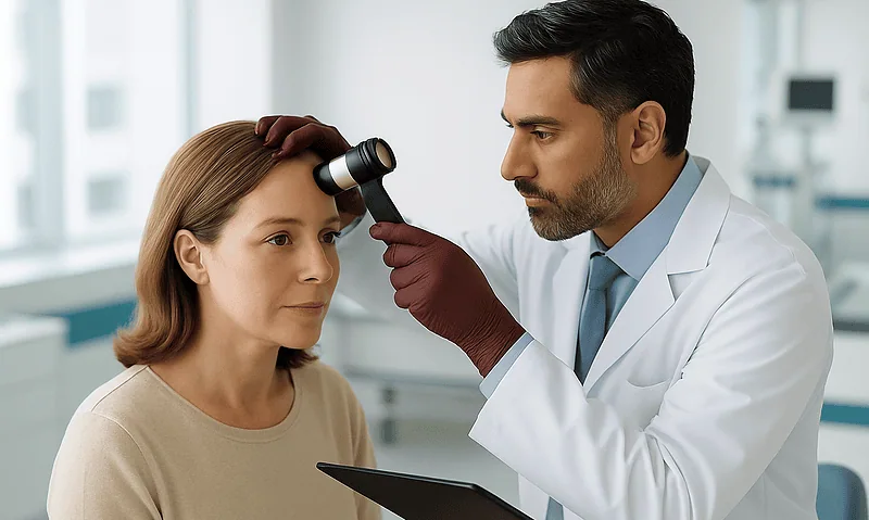 Doctor examining woman's scalp with a dermatoscope in a clinical setting.