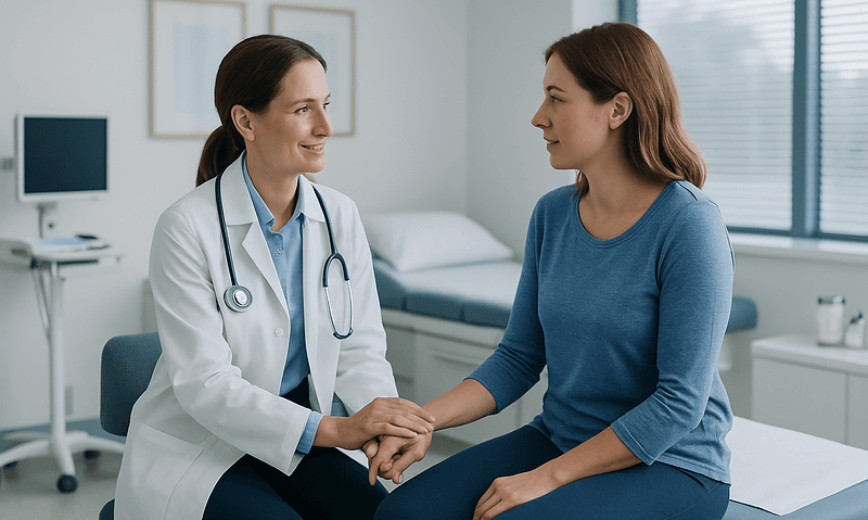 Doctor and patient holding hands during consultation at Acibadem Hospital.