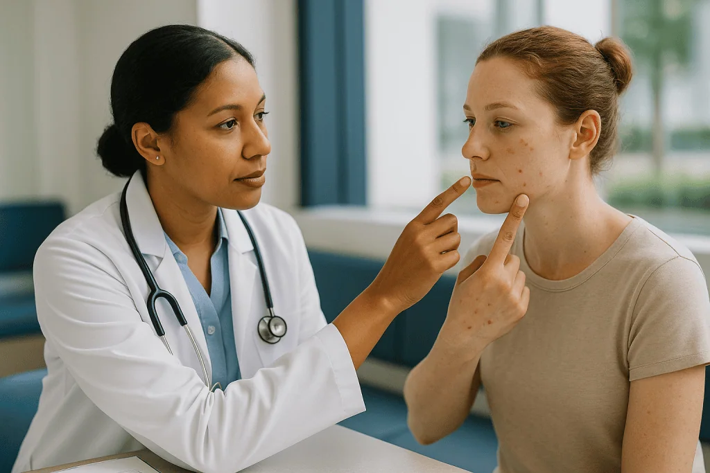 Doctor examining patient's skin condition on face: Papule vs. Pustule: How to Tell Them Apart