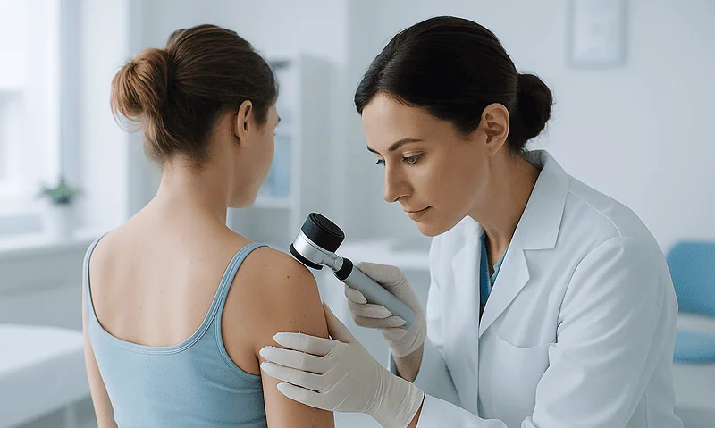 Blog 6 Doctor examining patient's skin with a dermatoscope in a clinical setting.