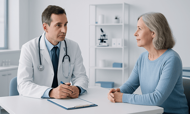 Doctor consulting with an elderly female patient in a medical office.