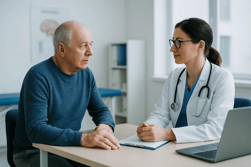 Parkinson Disease 1 Doctor consulting with elderly patient in a medical office.
