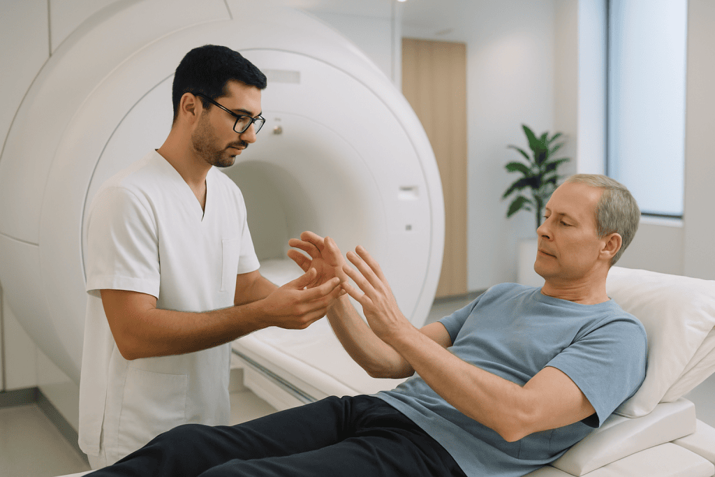 Parkinson Disease 1 Neurologist examining a patient's hand in a hospital setting.