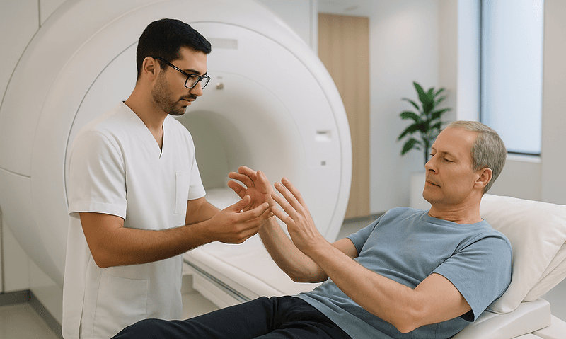 Neurologist examining a patient's hand in a hospital setting.