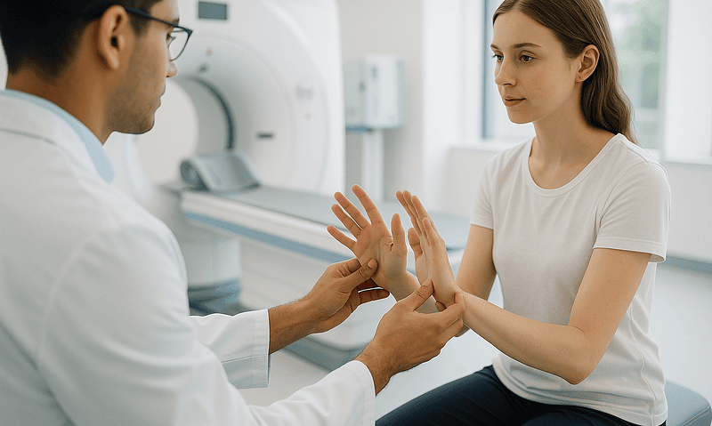 Doctor examining patient's hand in a medical setting for Parkinson's assessment.