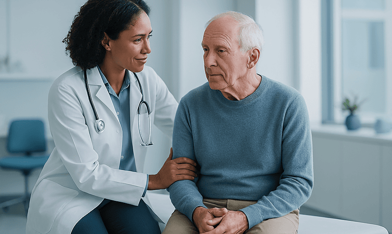 Doctor consulting with elderly patient in a modern hospital setting.