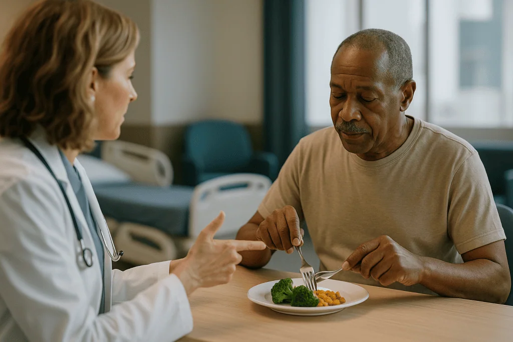 Doctor consulting patient about nutrition and diet: Parkinson's care plan: replacing dopamine and protecting movement