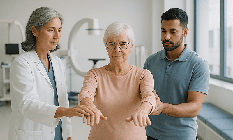 Doctor and caregiver assisting elderly woman with Parkinson's symptoms.