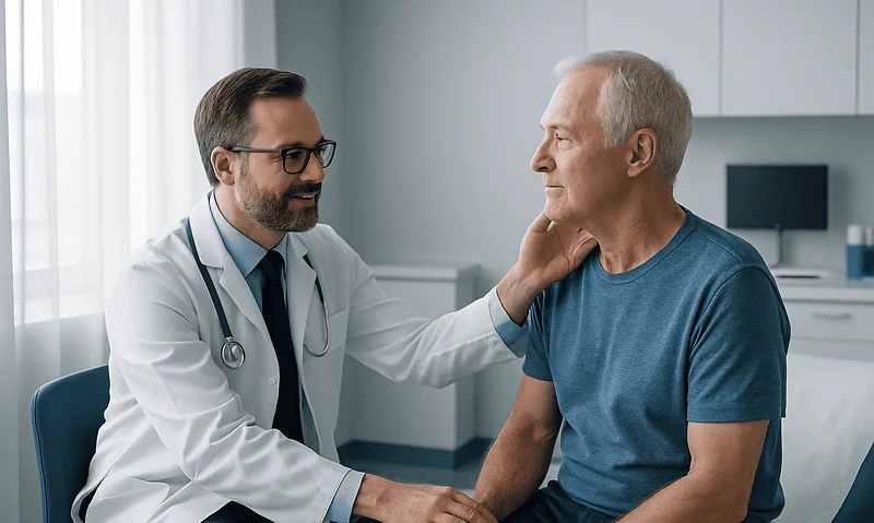 Doctor examining an elderly male patient in a medical consultation room.
