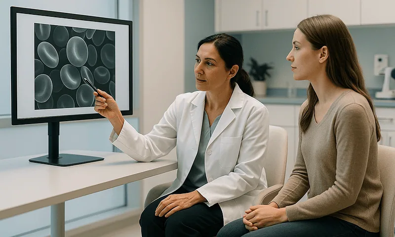 Doctor explaining blood cell images to a patient in a medical office.