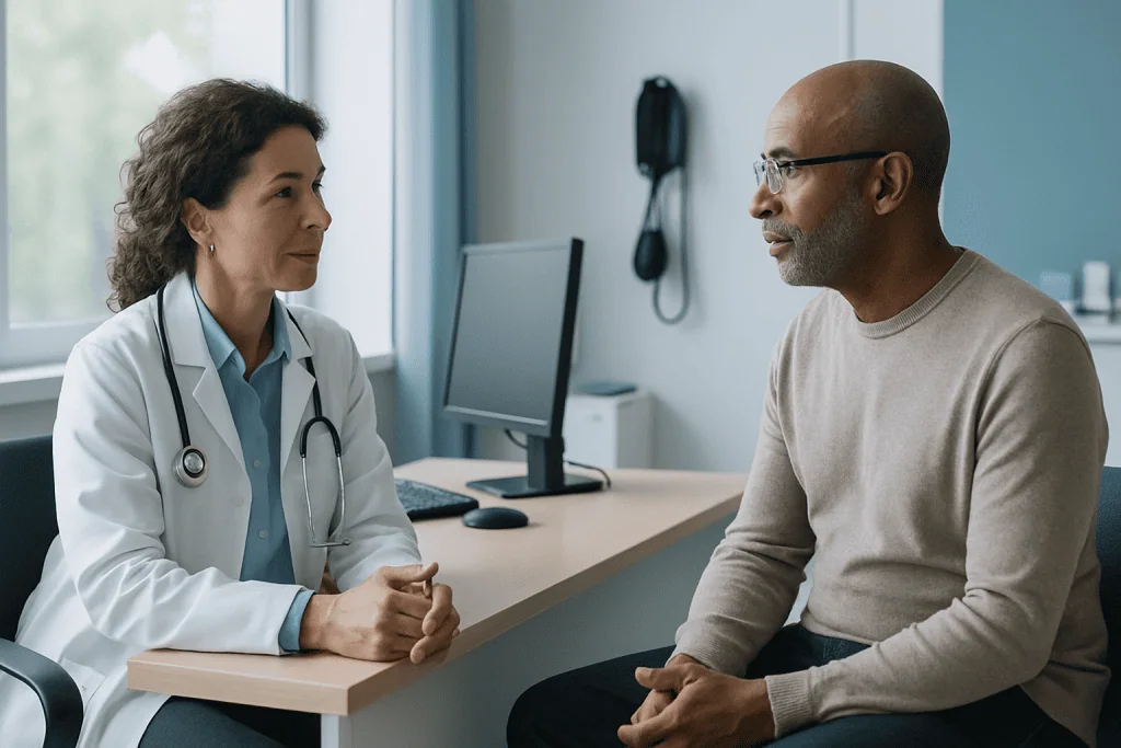 Paroxysmal Nocturnal Hemoglobinuria 1 Doctor consulting with a patient in a medical office setting.