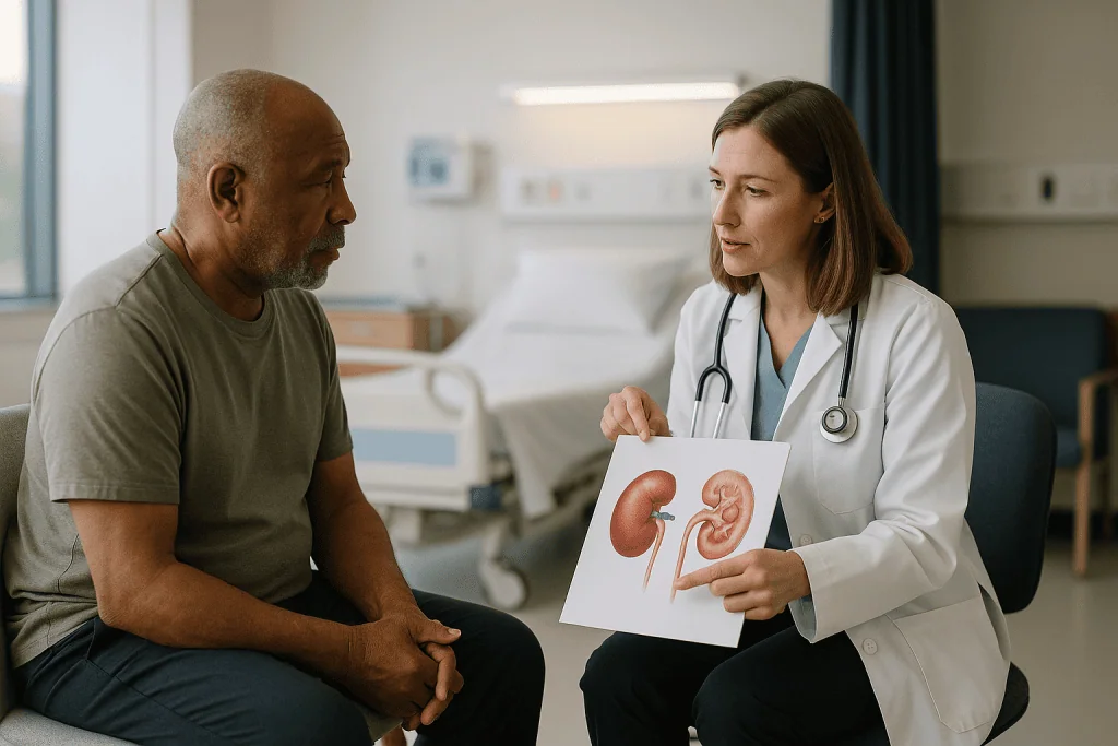 Doctor consulting patient about kidney anatomy diagram: Partial or radical: which part of the kidney is removed, and why it 