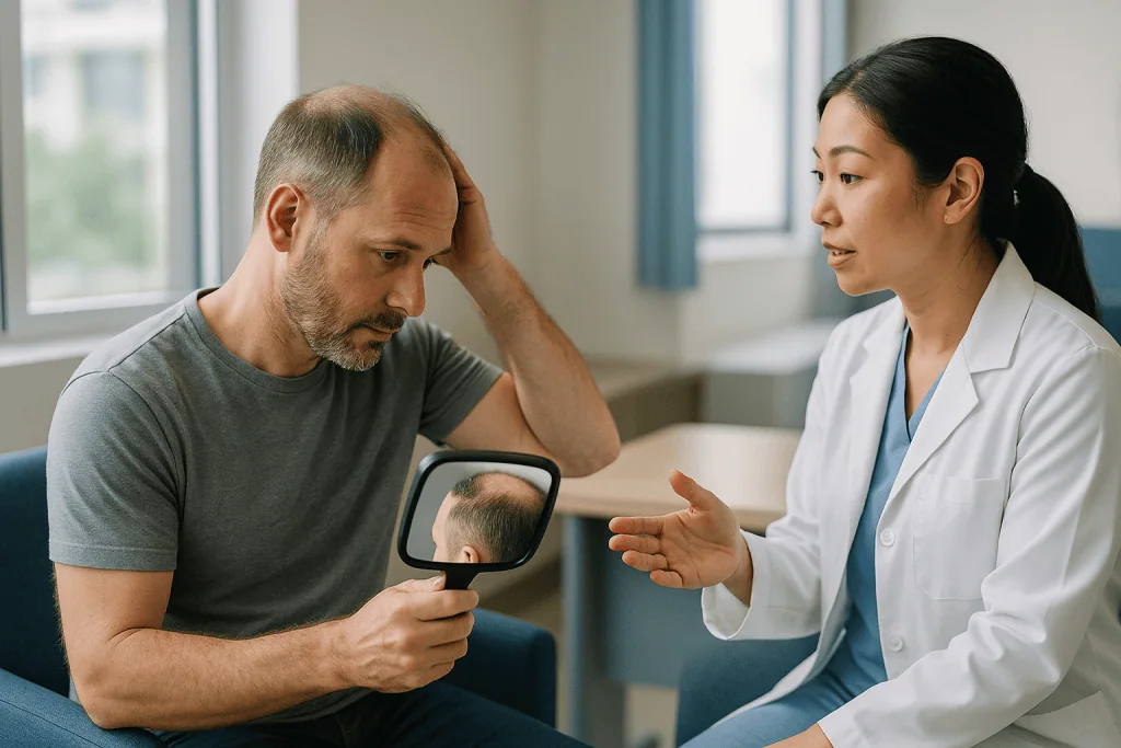 Doctor consulting with male patient about hair loss: Partial shave hair transplant, hidden windows, and true no-shave: three