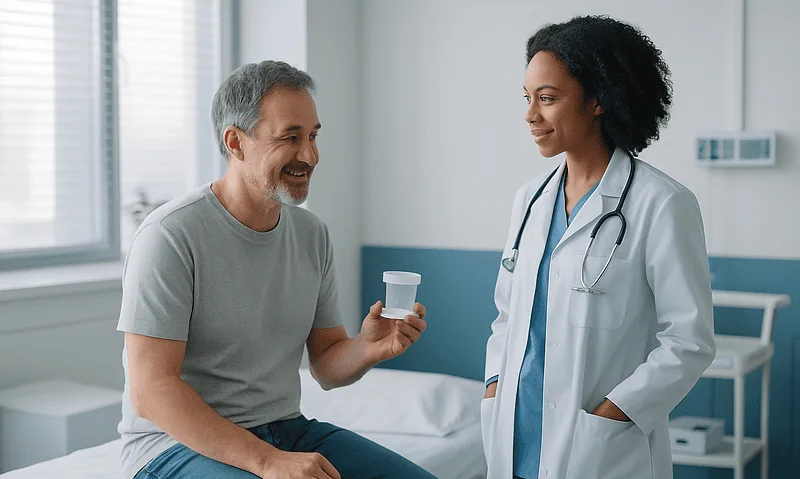 Doctor consulting with patient after ESWL procedure in hospital room.