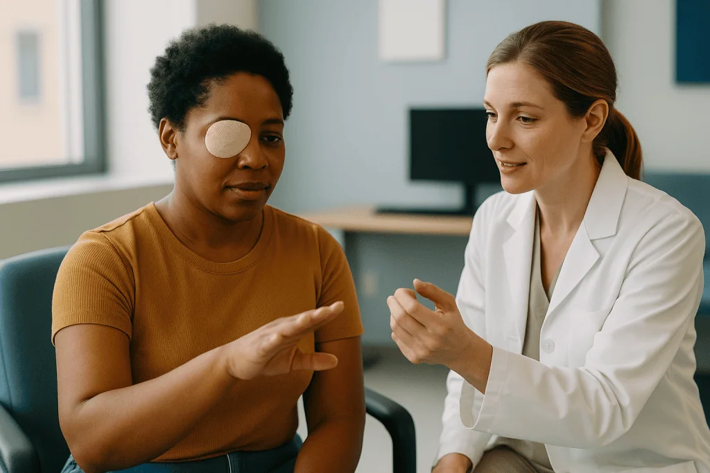 Doctor consulting patient with eye patch in clinical setting: Patching, prisms and eye exercises: what else comes before sur