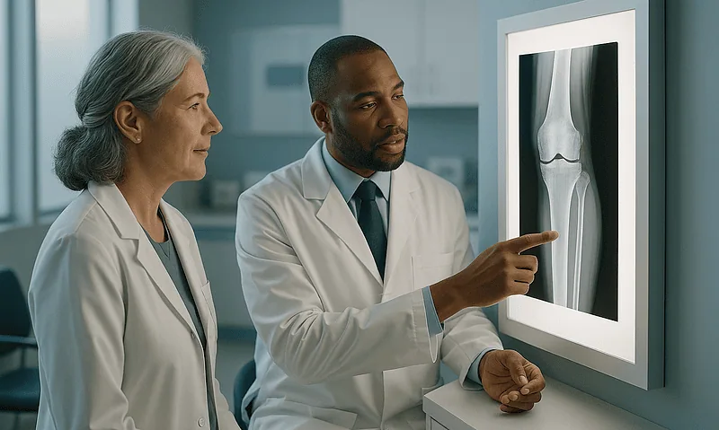 Doctors examining an X-ray of a knee joint in a hospital setting.