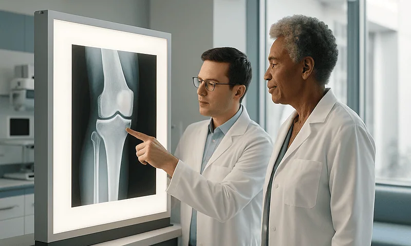 Doctors examining a knee X-ray in a medical clinic.
