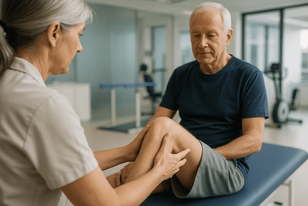 Patellofemoral Pain Syndrome 1 Physical therapist examining knee pain in elderly patient at clinic.