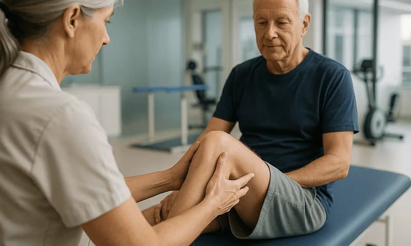Physical therapist examining knee pain in elderly patient at clinic.