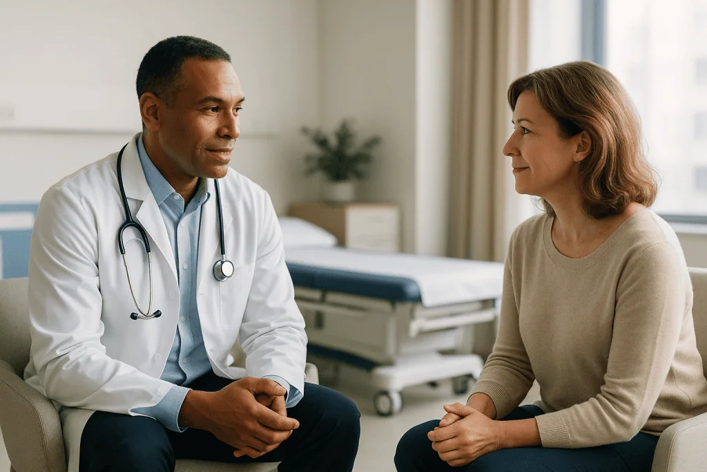 Patent Ductus Arteriosus 1 Doctor consulting with a female patient in a hospital room.