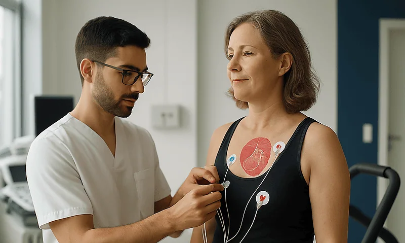 Doctor performs an ECG test on a woman patient in a hospital setting.