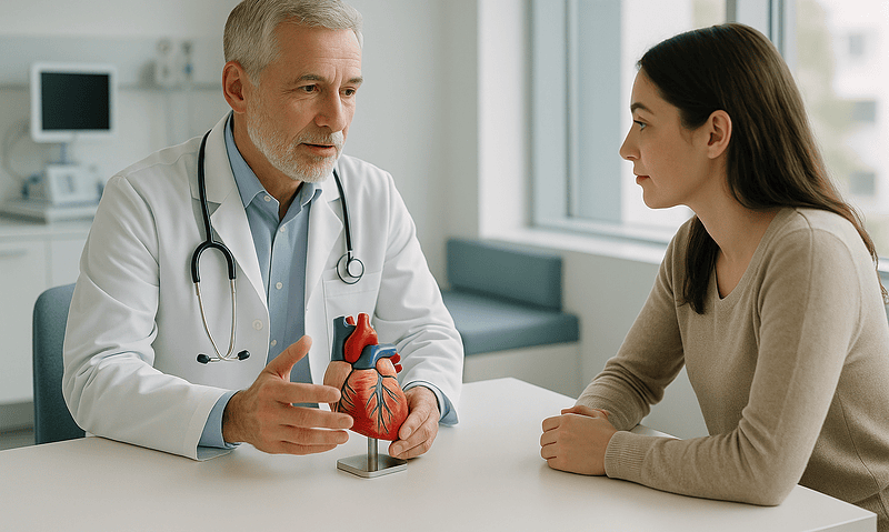 Doctor explaining heart anatomy to patient in a medical consultation.