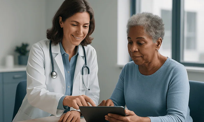 Doctor showing lab results to an elderly patient on a tablet.