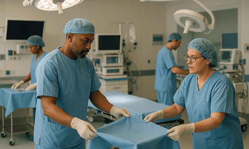 Medical team preparing surgical equipment in an operating room.