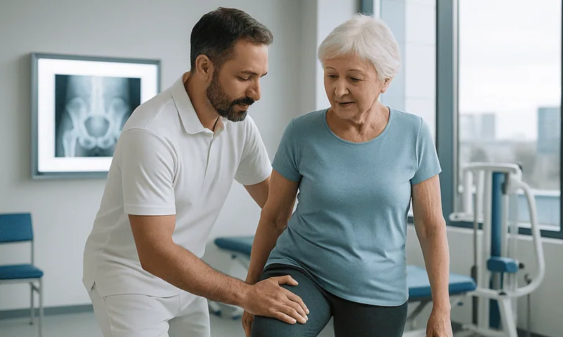 Doctor assisting elderly woman with hip mobility in clinic.