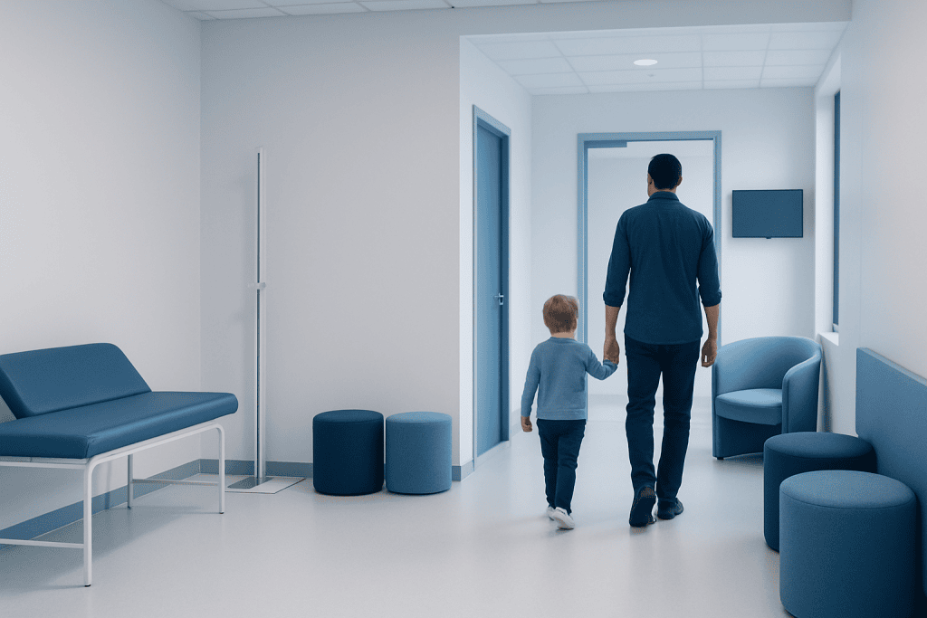 Pavlik Harness for Hip Dysplasia 1 Father and child walking in a hospital corridor with blue chairs and doors.
