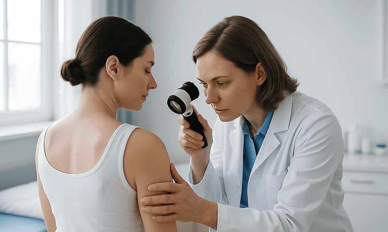 Pavlik Harness Warning Signs: Skin Redness, Swollen Feet and When to Call the Clinic 7 Doctor examining patient's shoulder with a dermatoscope in a clinical setting.