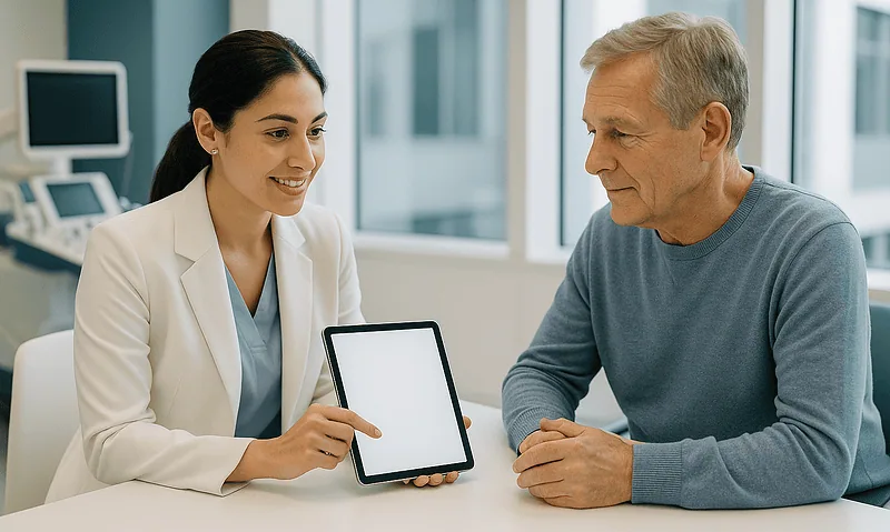 Doctor explaining medical results to a patient using a tablet in a hospital setting.