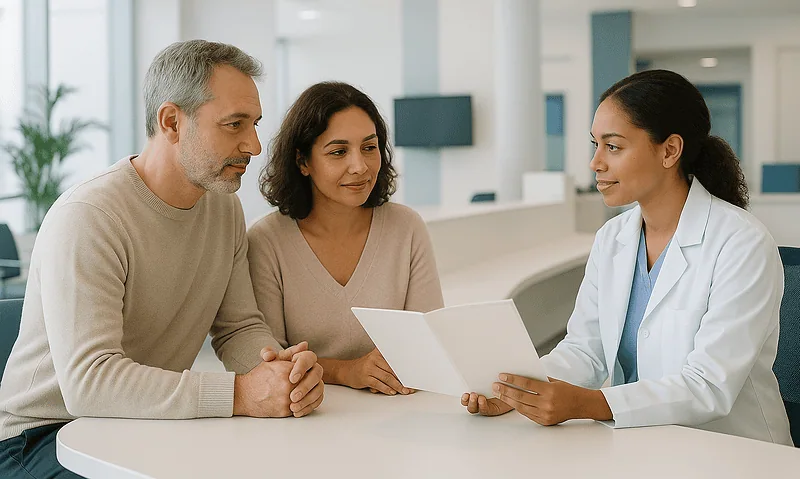 Doctor consulting with patients at hospital reception desk.
