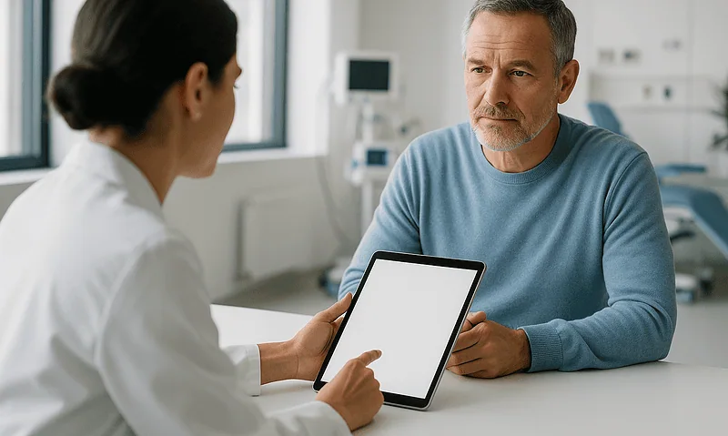 Doctor consulting with patient using a tablet in a hospital setting.
