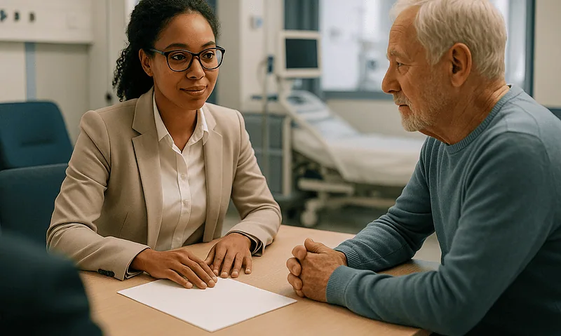 Doctor consulting with an elderly patient in a hospital room.