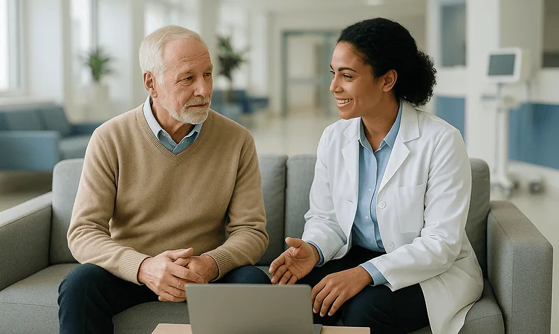 Doctor consulting with elderly patient in hospital setting.