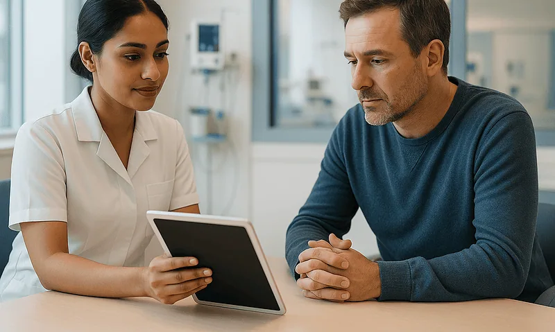 Patient consulting with doctor about treatment options at Acibadem Hospital.