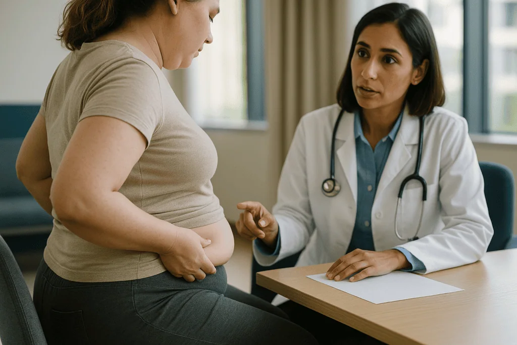 Doctor consulting with pregnant woman about abdominal health — PCOS belly shape: how do I tell if I have one?
