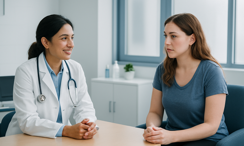 Doctor consulting with a patient in a modern medical office.