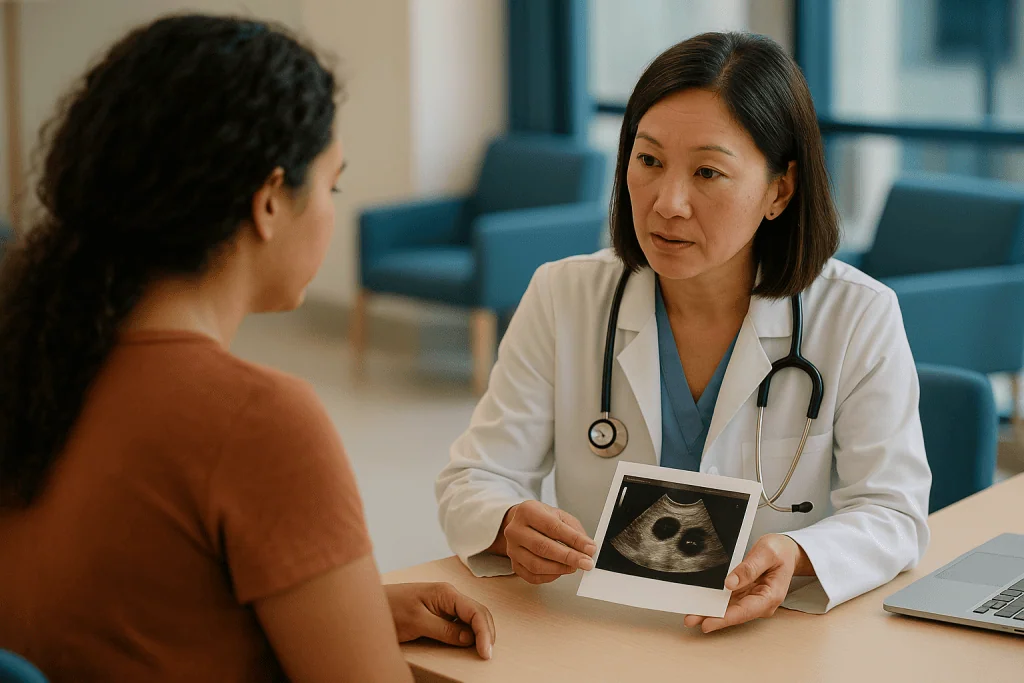 Doctor discussing ultrasound image with patient: PCOS myths, part one: do you need cysts to have PCOS?