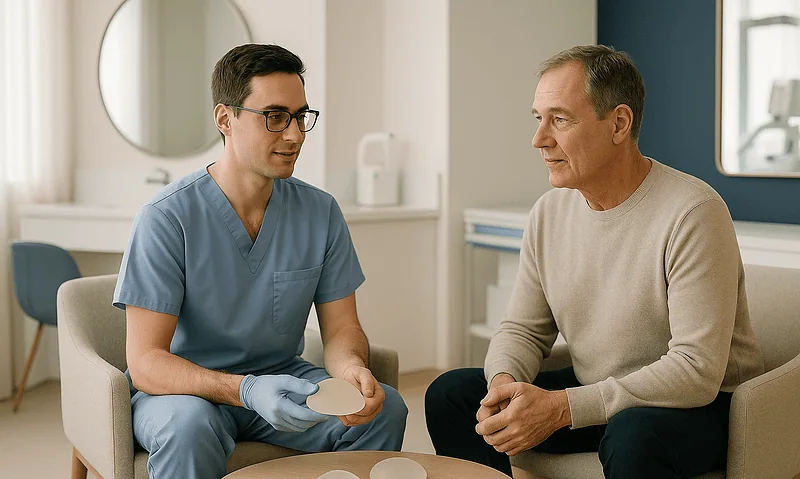 Doctor discussing breast implants with a patient in a consultation room.
