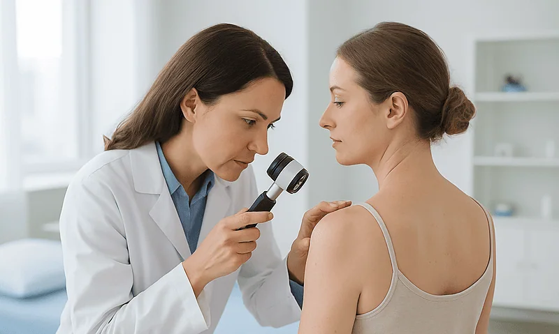 Doctor examining woman's shoulder with a medical device in a clinical setting.
