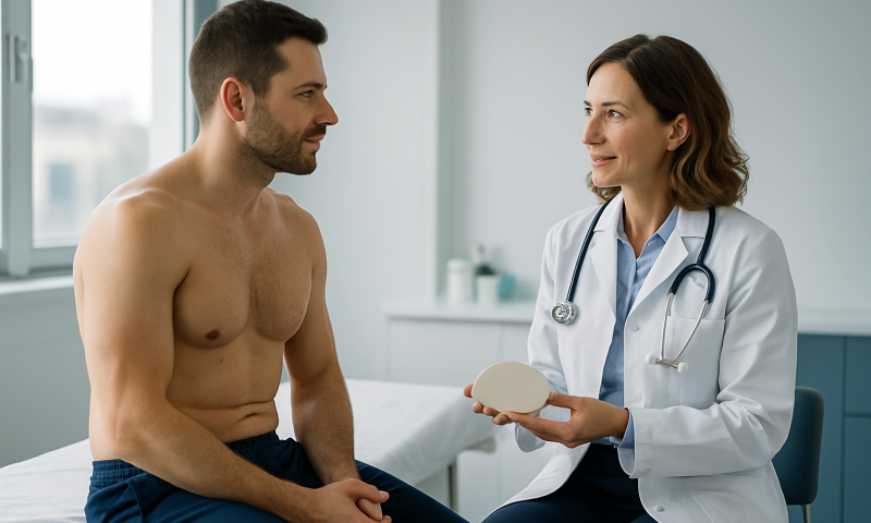 Doctor consulting male patient about breast augmentation options at Acibadem Hospital.