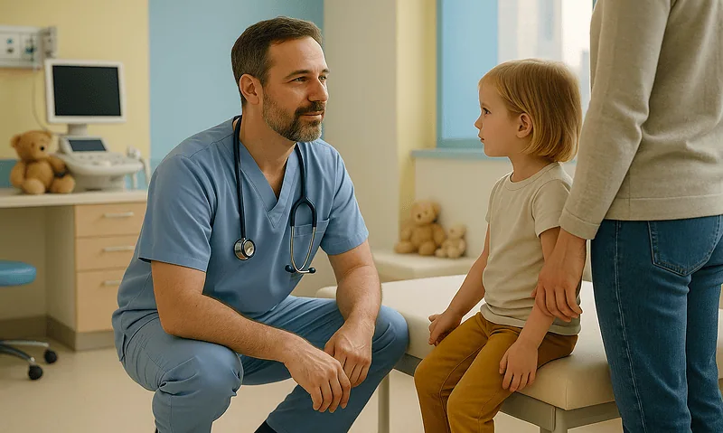 Pediatric consultation at Acibadem Hospital with doctor and young patient.