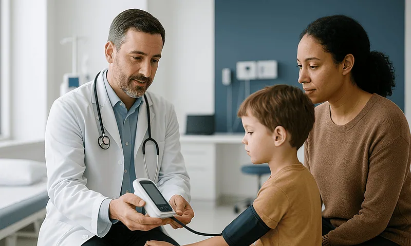 Doctor measuring child's blood pressure in hospital room.