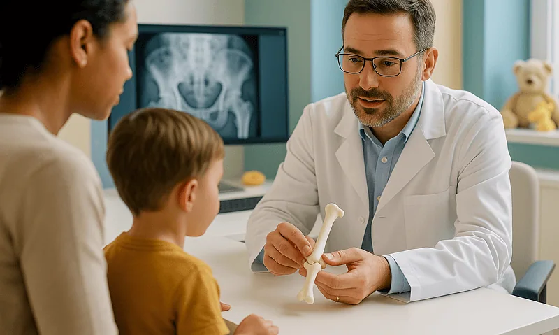 Pediatric doctor explaining bone cysts to young patient and parent in clinic.