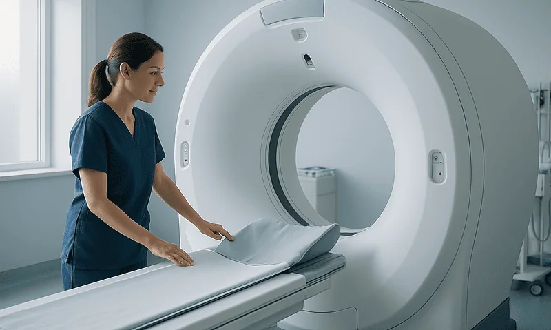Medical professional prepares MRI scan in a modern hospital setting.